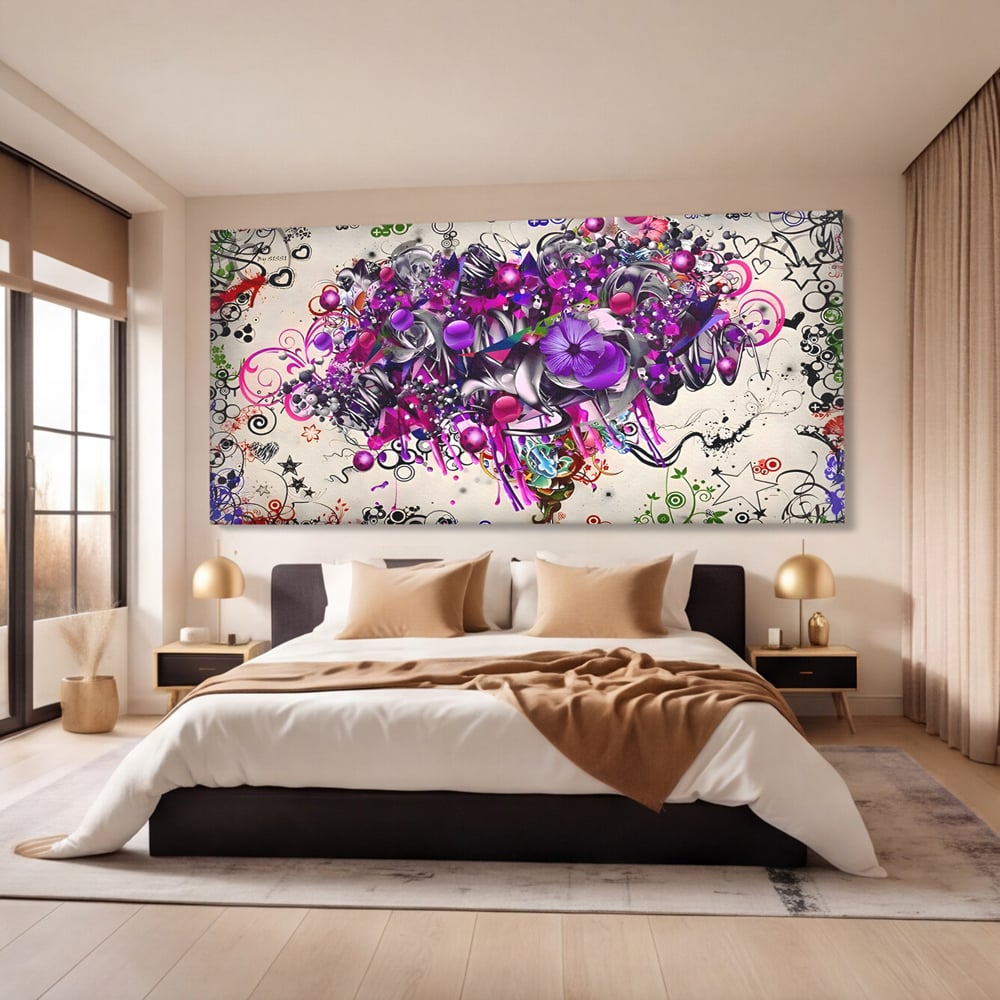 Tablou canvas cu tablou canvas cu flori mov si inimi, fara rama, pe sasiu de lemn, pe perete intr-un dormitor